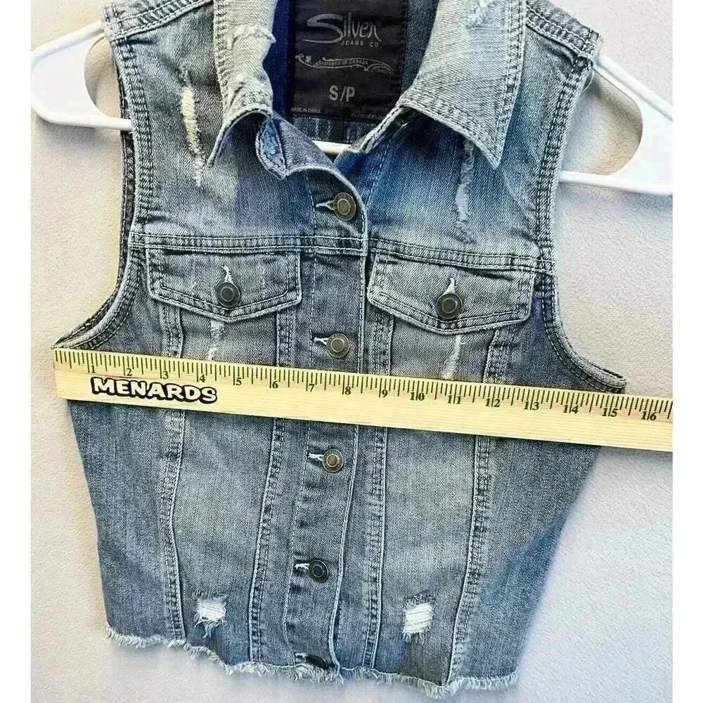 Silver Vest Women’s Small Blue Jean Denim Cropped Moto Trucker Biker Distressed‎